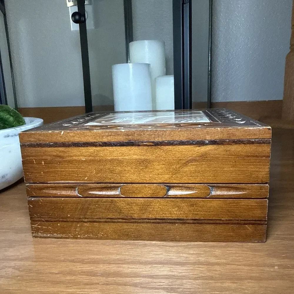 Vintage Carved Wood Tile Top Box Boho Jewelry Keepsake Rustic Decor 7x7x3.25